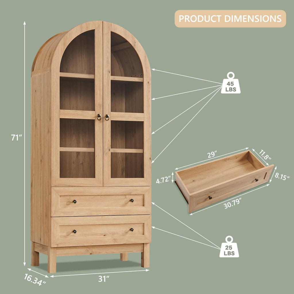 71' Tall Arched Bathroom Storage Cabinet, 4-Tier cabinet w/2 Large Drawers &Adjustable Shelves, Wooden Bathroom Floor cabinets w/Glass Doors, Modern Farmhouse Versatile Cabinets for bathroom, Natrual