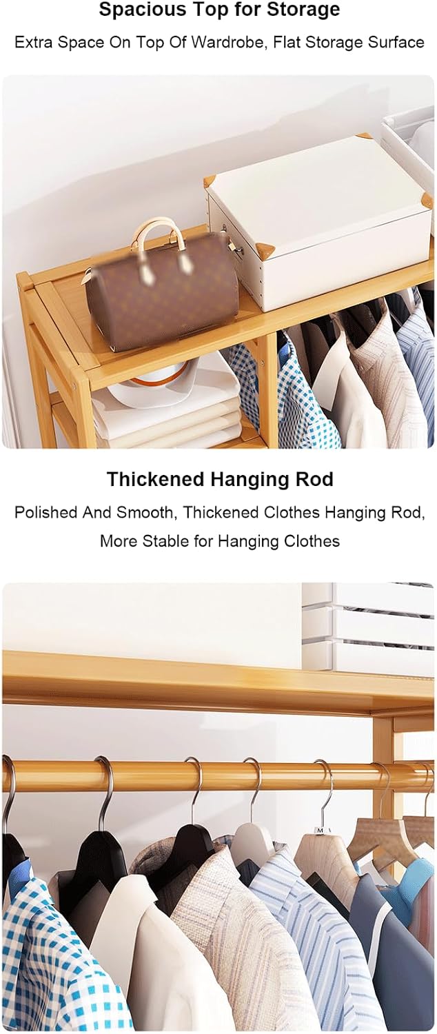 Bamboo Clothes Rack Storage Shelves w/2 Drawers Free Standing Garment Rack w/Side Hooks & Pants Rack Heavy Duty Clothing Hanging Rack for Hall
