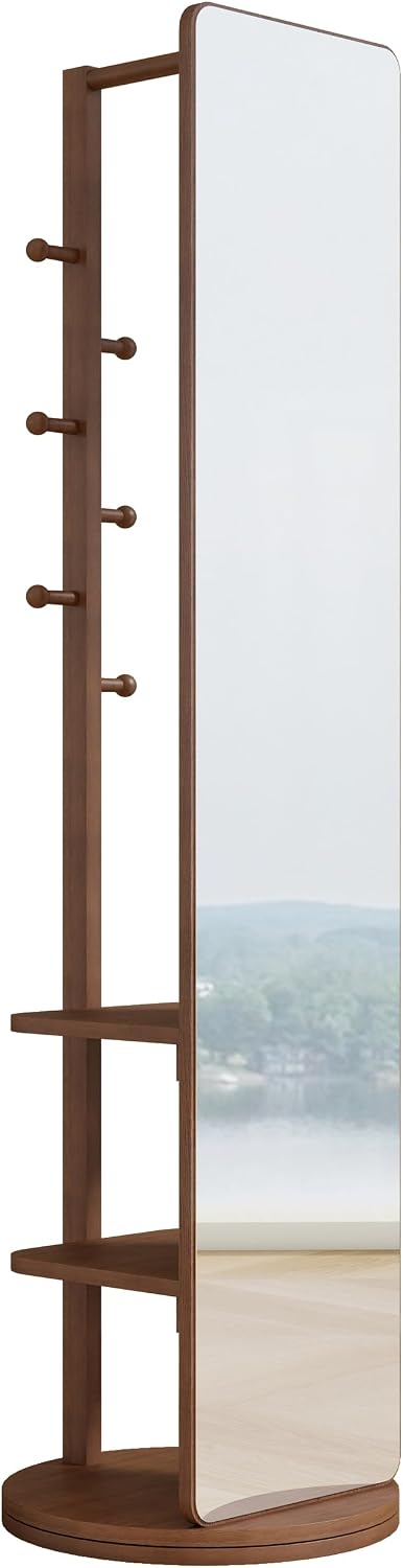 BOWEI Solid Wooden Coat Rack, Free Standing Coat Stand with Full Length mirror, Hall Coat Tree with Hooks and Storage Shelf for Coats, Hats, Bags, for Entryway, Hallway, Bedroom (Walnut)