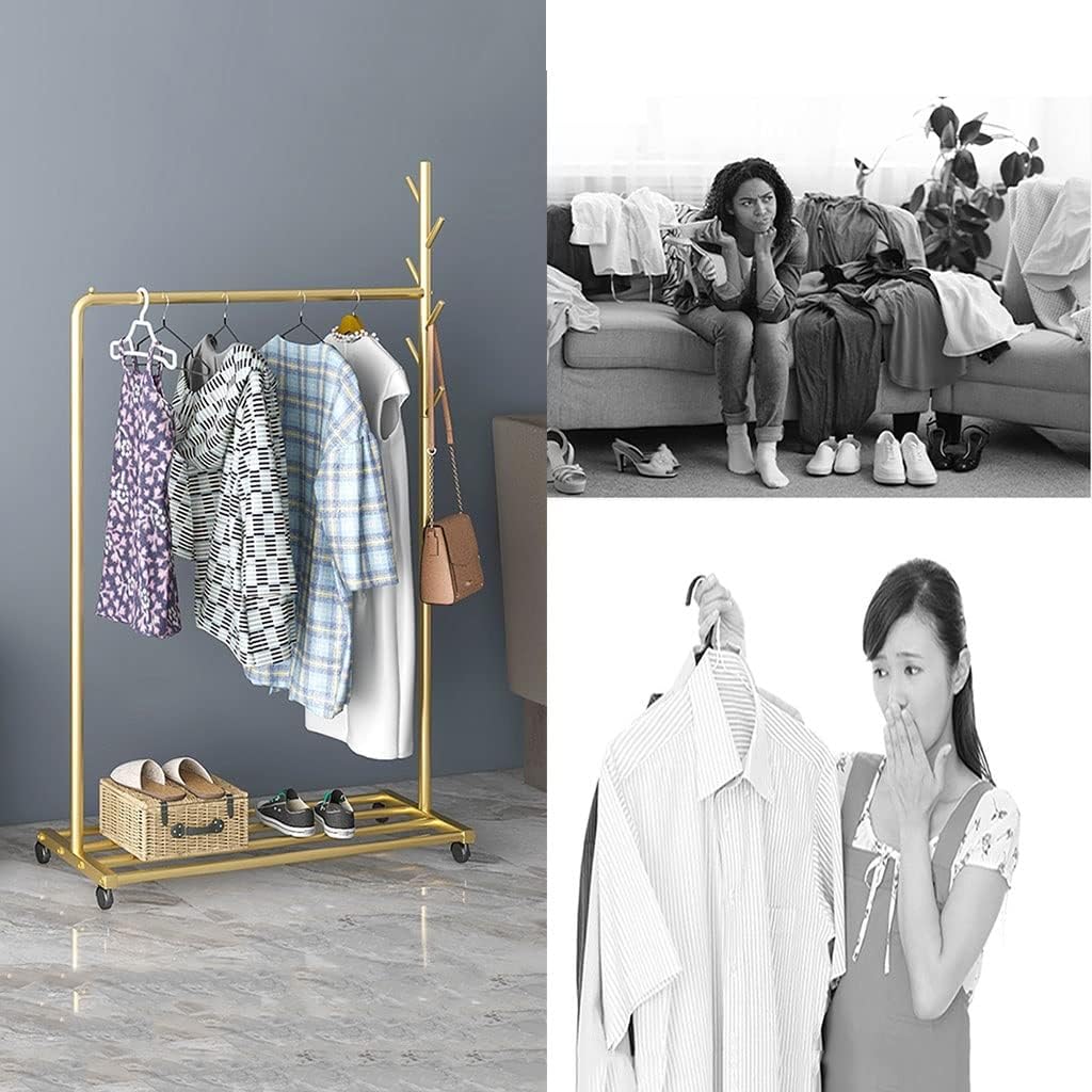 Shoe Bench Coat Stand Rack Hanger Metal Clothing Rack Heavy Duty Clothes Rack On Wheels Rolling Garment Rack with Top Rod and Hooks Commercial Display Rack for Hanging Clothes,Gold,60X35X170CM
