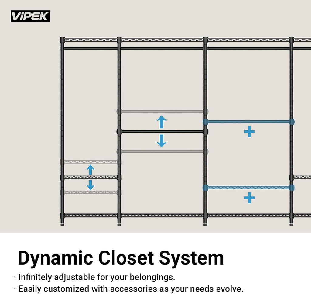 VIPEK R4C Rolling Garment Rack 6 Tiers Adjustable Heavy Duty Wire Shelving Portable Clothes Rack with Lockable Wheels, Black Metal Clothing Rack with Grey Upgraded Polyester Cover, Max Load 620lbs