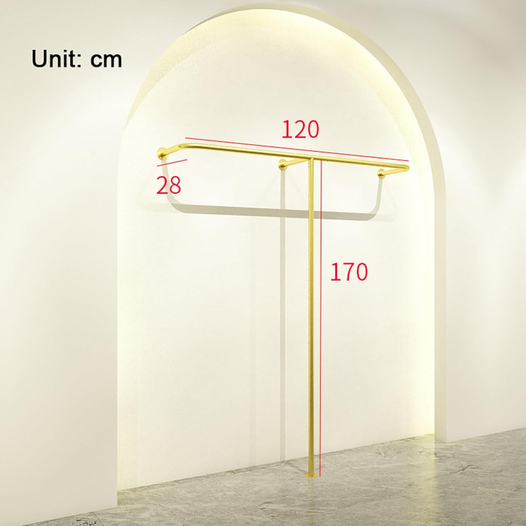 Wall-Mounted Garment Rack Hanging Gold Clothes Rack, Clothing Store Large-Capacity Metal Display Stand,Heavy Duty Garment Shelves Closet Rods, Home Retail,Height 170cm-Length 120cm