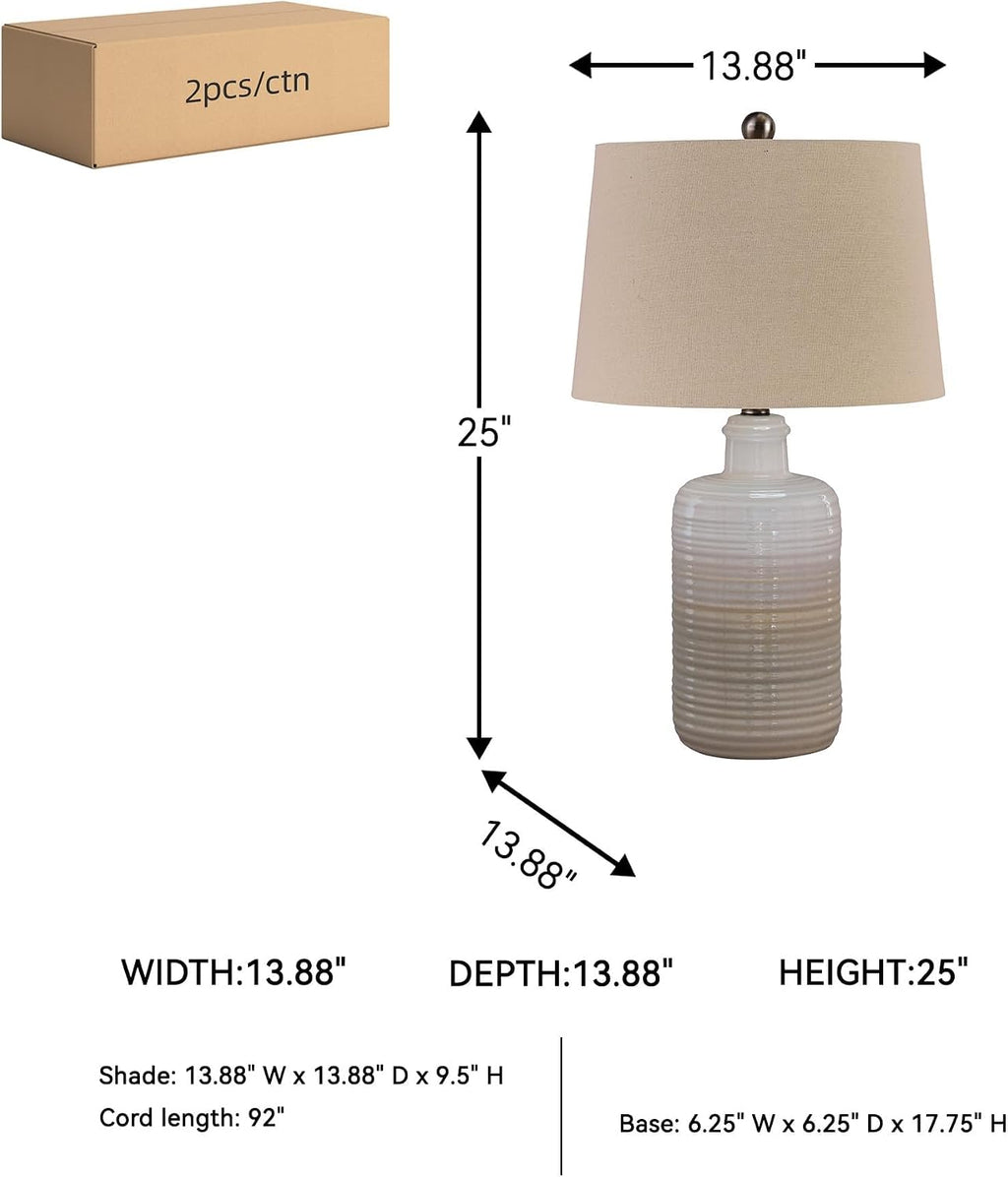 BOWERY HILL Contemporary Ceramic Table Lamps, Taupe Finish, Set of 2, 24 in Height, Drum Shade, 3-Way Switch, UL Listed Lighting for Bedroom or Living Room