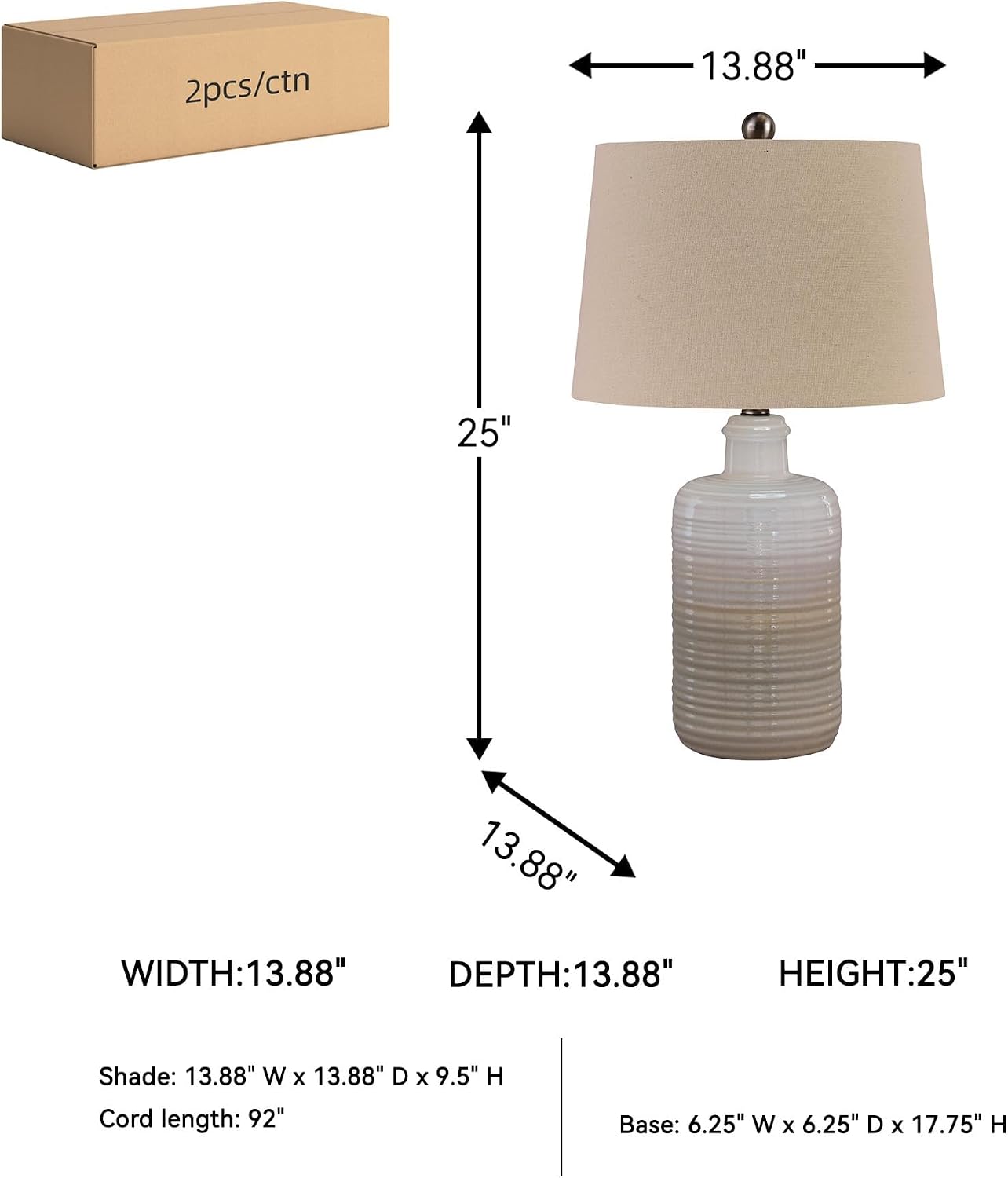 BOWERY HILL Contemporary Ceramic Table Lamps, Taupe Finish, Set of 2, 24 in Height, Drum Shade, 3-Way Switch, UL Listed Lighting for Bedroom or Living Room