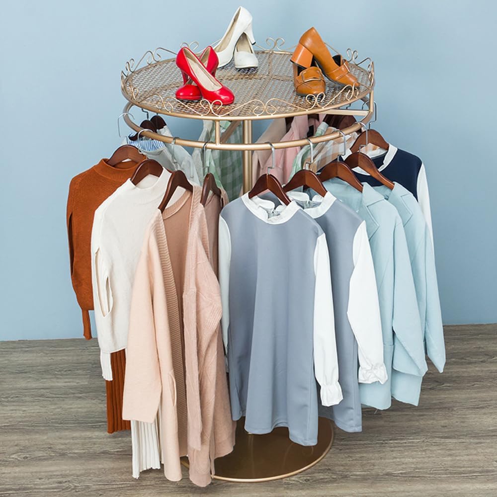 Floor-Standing Clothing Rack, Rotating Portable Garment Rack for Hanging Clothes, Metal Clothes Hanging Rack for Bedroom, Balcony, Retail Display,Gold,60cm*135cm