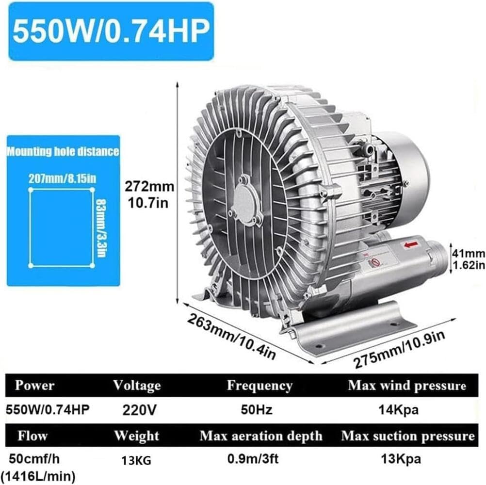 Regenerative Blower, Ring Blower, 220V Single Phase High-Pressure Side Channel Vortex Blower, for Industrial, Sewage Aeration, and Vacuum Applications