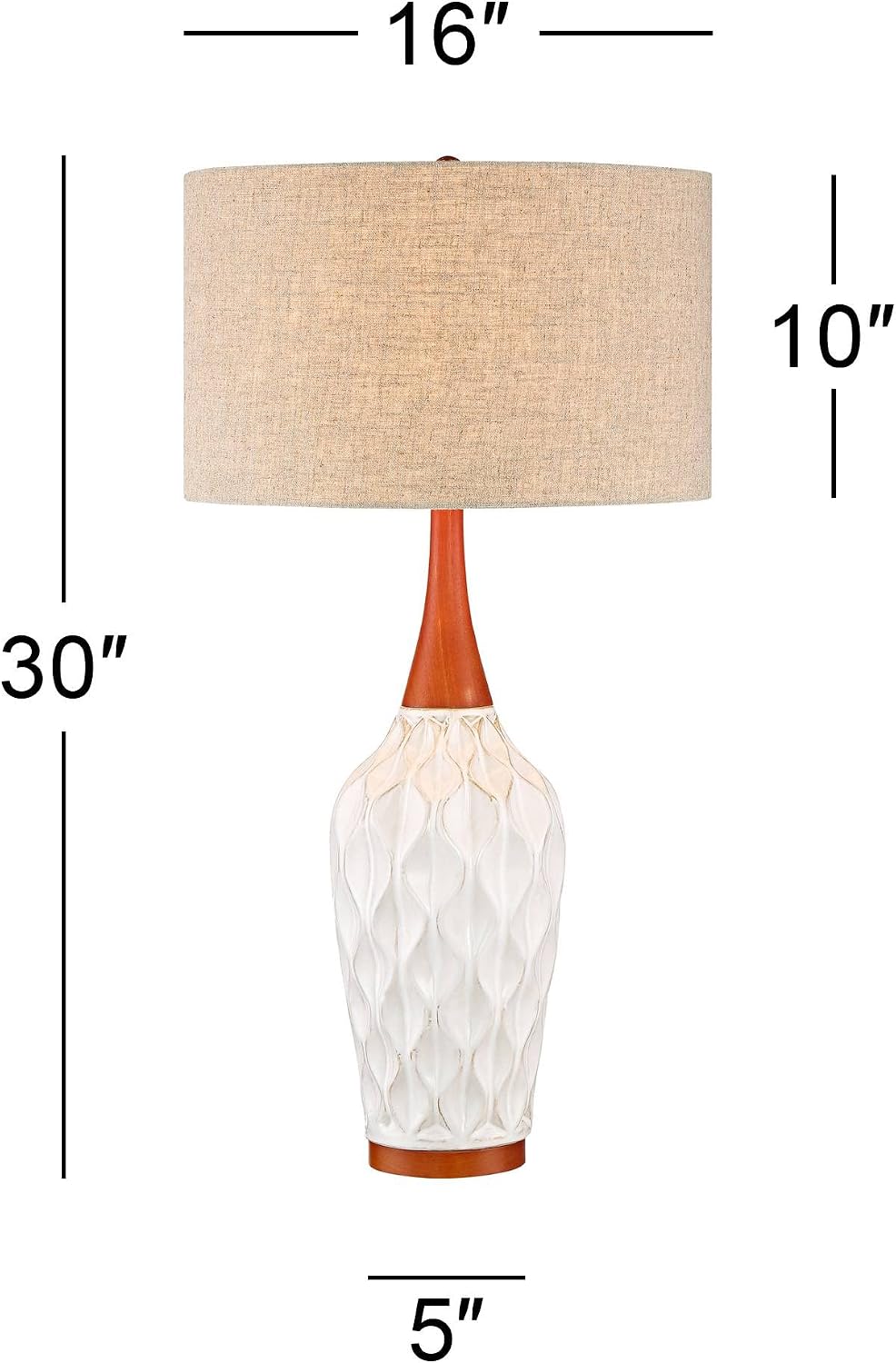 360 Lighting Rocco Mid Century Modern Table Lamps 30' Tall Set of 2 White Geometric Ceramic Oak Wood Tan Fabric Drum Shade for Bedroom Living Room Bedside Nightstand House Home Office