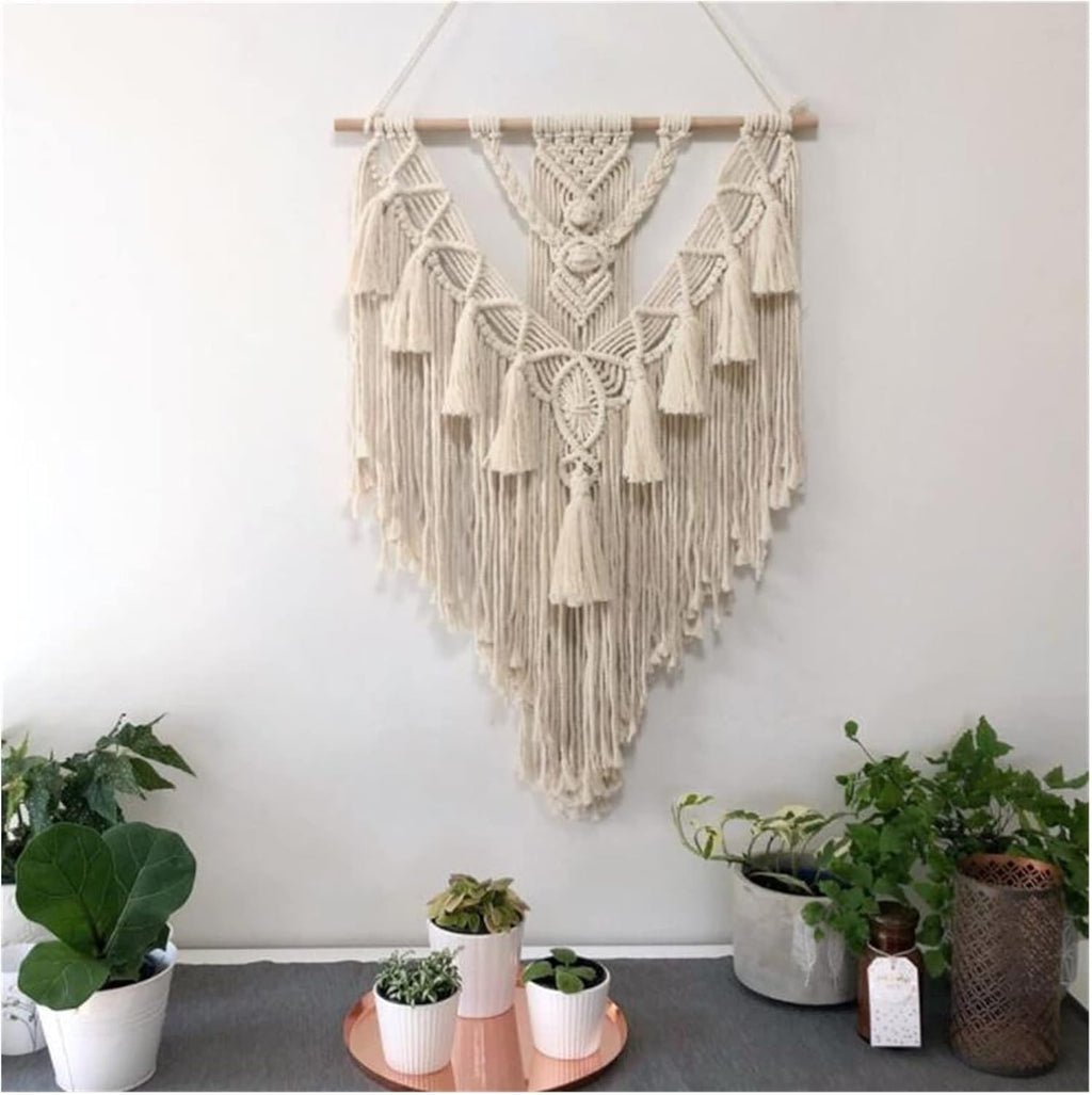 Tapestry Macrame Wall Hanging Tapestry Handmade Cotton Bohemian Hand-Woven Tapestry Home Bedroom Decoration (Beige 55x70cm)