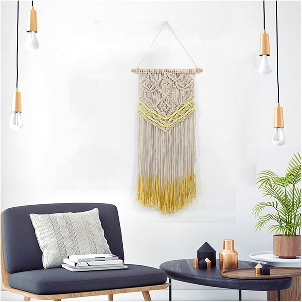 Tapestry Macrame Wall Hanging Woven Tapestry Bohemian Chic Tassels Wall Art for Wedding Backdrop Decoration (Beige Yellow)