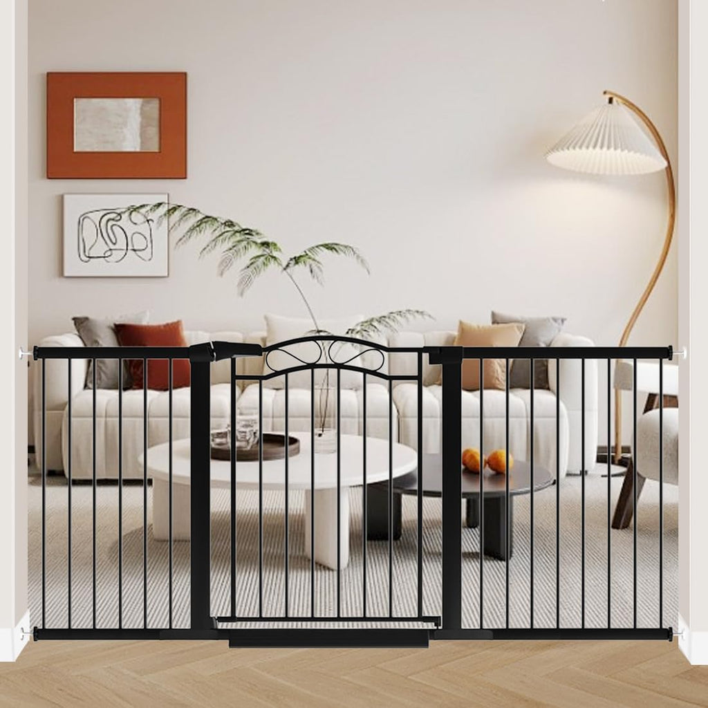 Fairy Baby 68.2'-70.8' Extra Wide Baby Gate with Door, 69 70 Inches Walk THR Baby Gates for Stairs Pressure Mounted no Drill, Indoor Tension Metal Child Pet Dog Safety Gate for Kids, Black