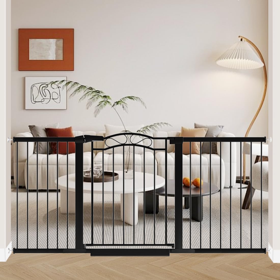 Fairy Baby 68.2'-70.8' Extra Wide Baby Gate with Door, 69 70 Inches Walk THR Baby Gates for Stairs Pressure Mounted no Drill, Indoor Tension Metal Child Pet Dog Safety Gate for Kids, Black