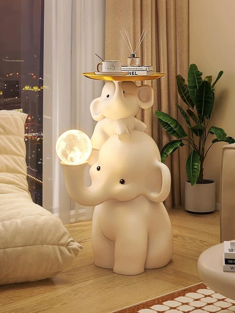 Elephant Side Table, Large Living Room Sculpture, Perfect as Sofa Side Table, Bedroom Nightstand, Coffee Table, Living Room Decor with Two Storage Trays (Lamp with a Tray Elephant)