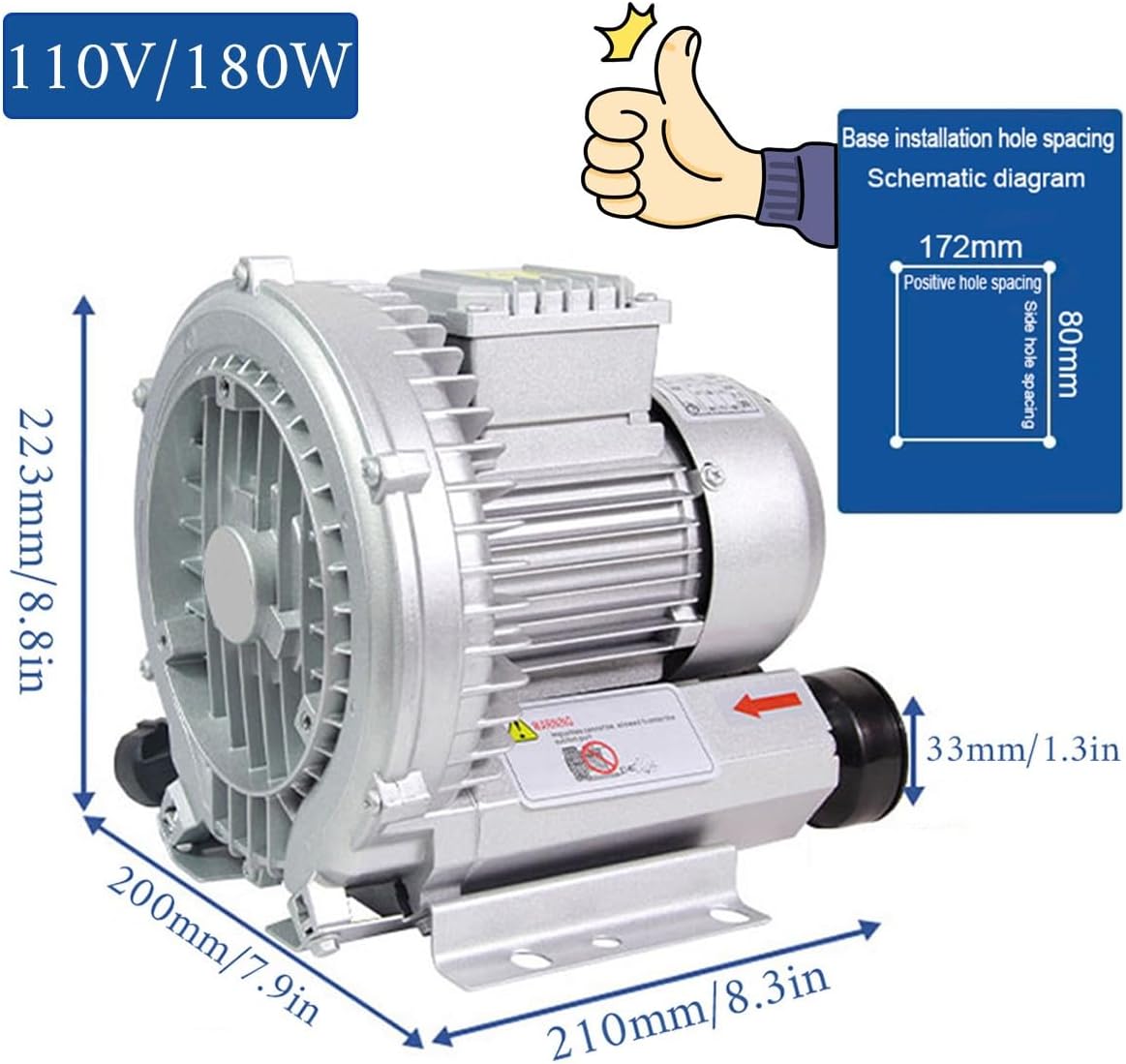Regenerative Blower High Pressure Vortex Ring Blower 110V 180W 350W 550W 750W Fish Ponds Aeration Oxygenation Machine Industrial Vacuum Pump for Air Blowing Or Suction(1100W)