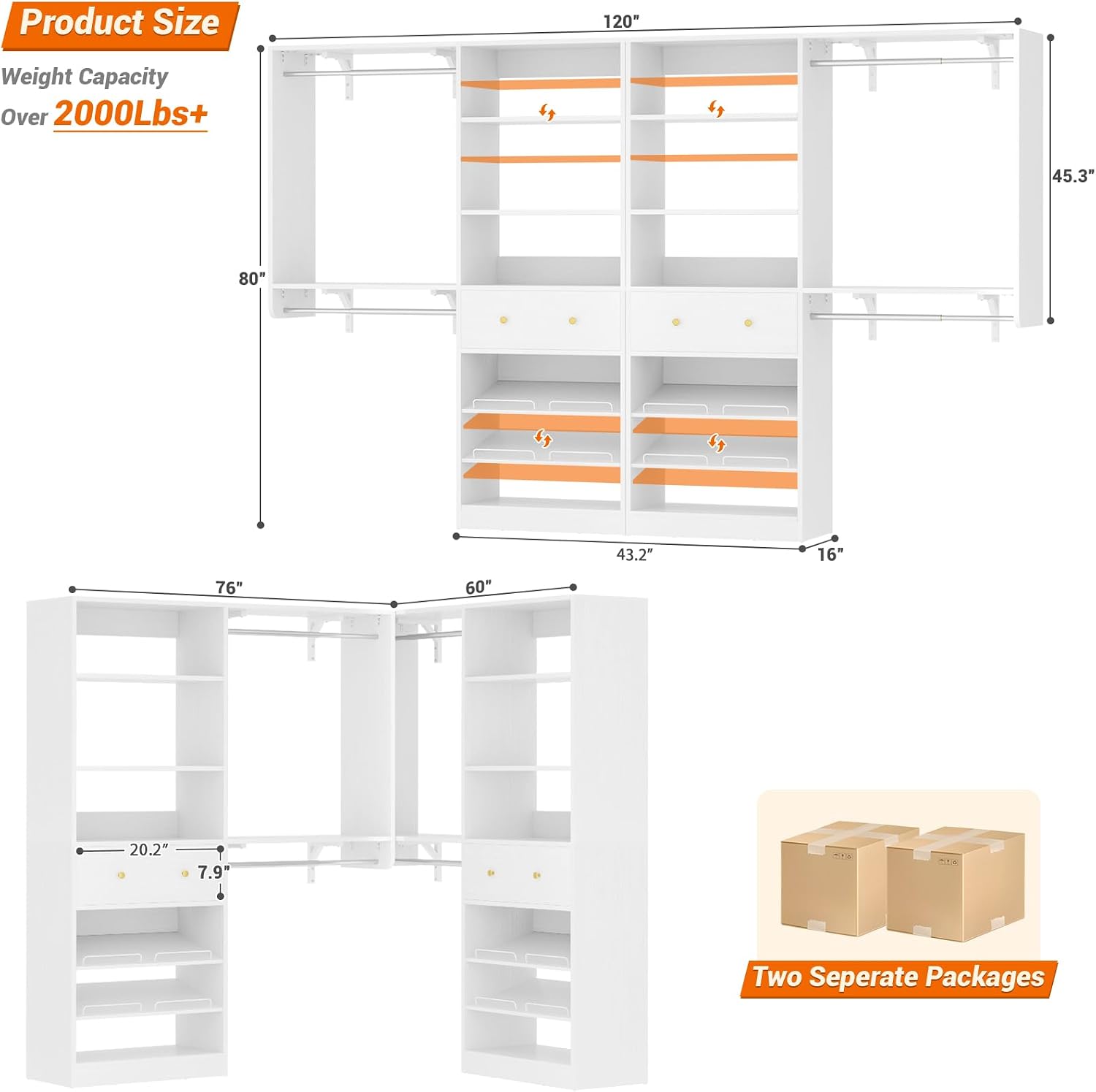 [10 FT Closet System] 120 Inch Reversible Set of 2 Wood Closet Organizer System with 2 Drawers, 4 Hanging Rods Adjustable Shelf, Walk In Closet Organizers with Shoe Rack, Garment Rack, White