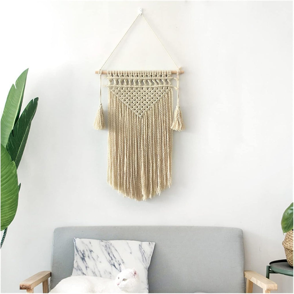 Tapestry Macrame Wall Hanging Tapestry with Tassel Large Woven Bohemian Wedding Backdrop Decor (Beige 60x45cm)