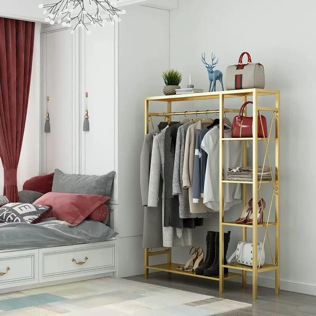 Metal Clothing Rack With Rods Freestanding Garment Rack For Hanging Clothes Organizer Wardrobe With 6-Tier Storage Shelve For Bedroom, Entryway (Color : Gold, Size : 90cm)