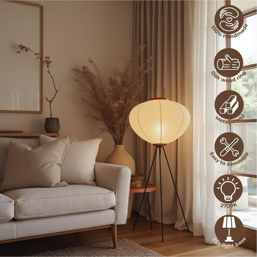 Nogy Noguchi Japanese Rice Paper Floor Lamp • 3000K Akari Standing Light for Living Room Bedroom, Modern Paper Lamp Design, Warm White Ambiance Lighting
