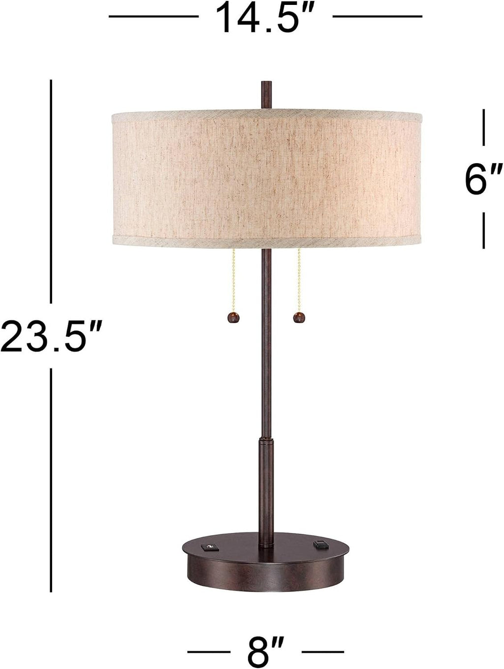 360 Lighting Nikola Modern Accent Table Lamps 23.5' High Set of 2 with Hotel Style USB and AC Power Outlet in Base Bronze Slim Fabric Drum Shade for Living Room Desk Bedroom House Bedside