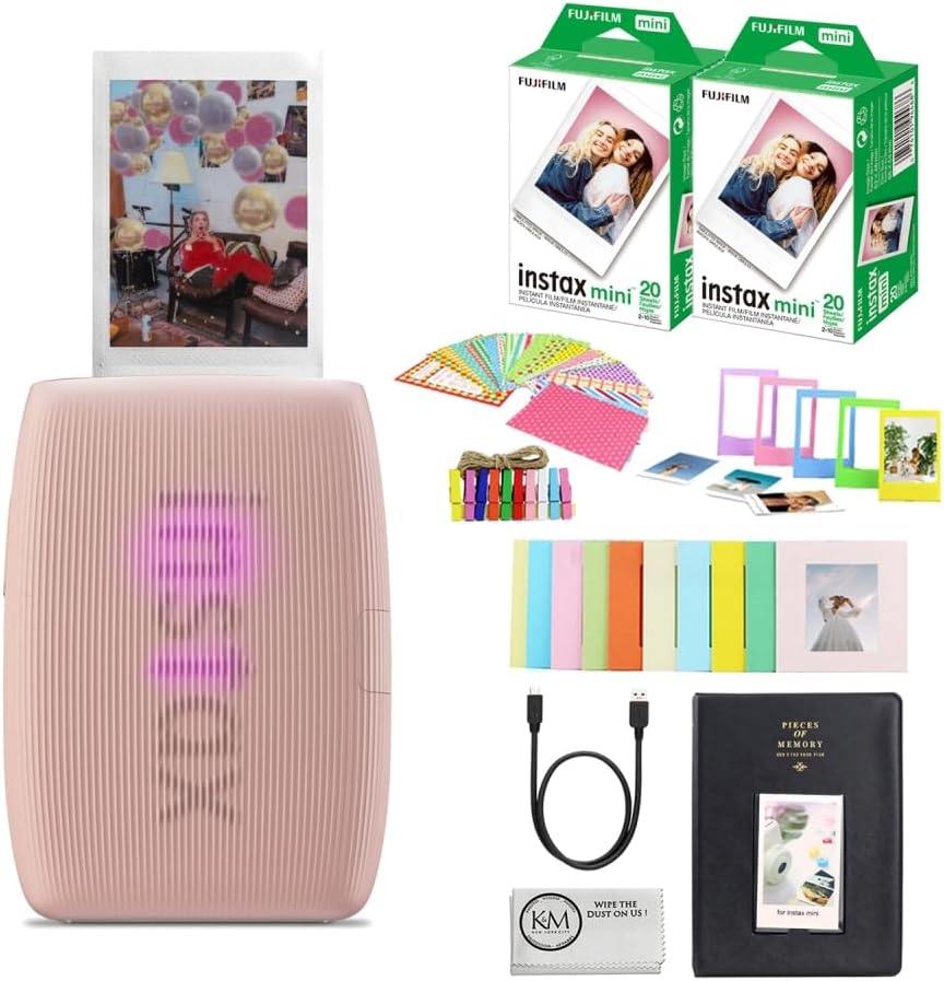 FUJIFILM INSTAX Mini Link 3 Smartphone Printer | Rose Pink Bundled with INSTAX Mini Instant Film | 40 Exposures + Instax Mini Album, Borders, Stickers & Clips + Microfiber Cleaning Cloth (5 Items)