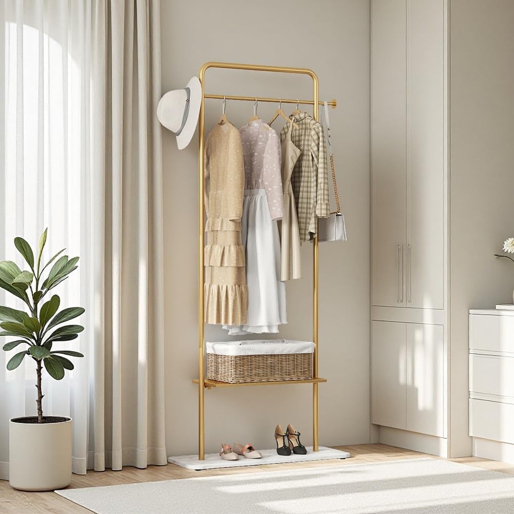 KaKaBB Gold Clothing Rack with Shelves, Coat Racks Freestanding with Marble Base, Clothing Rack for Hanging Clothes, Gold Garment Rack for Boutiques, Bedroom (2 tier, 31.5')
