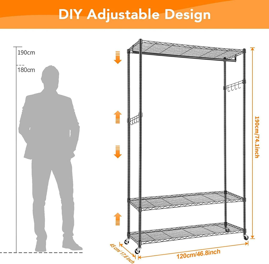 Himimi 3 Tier Heavy Duty Garment Rack with Wheels, Adjustable Wire Shelving Clothes Rack with Hanging Rod, 4 Side Hooks - Freestanding Metal Wardrobe Storage Rack, Grey