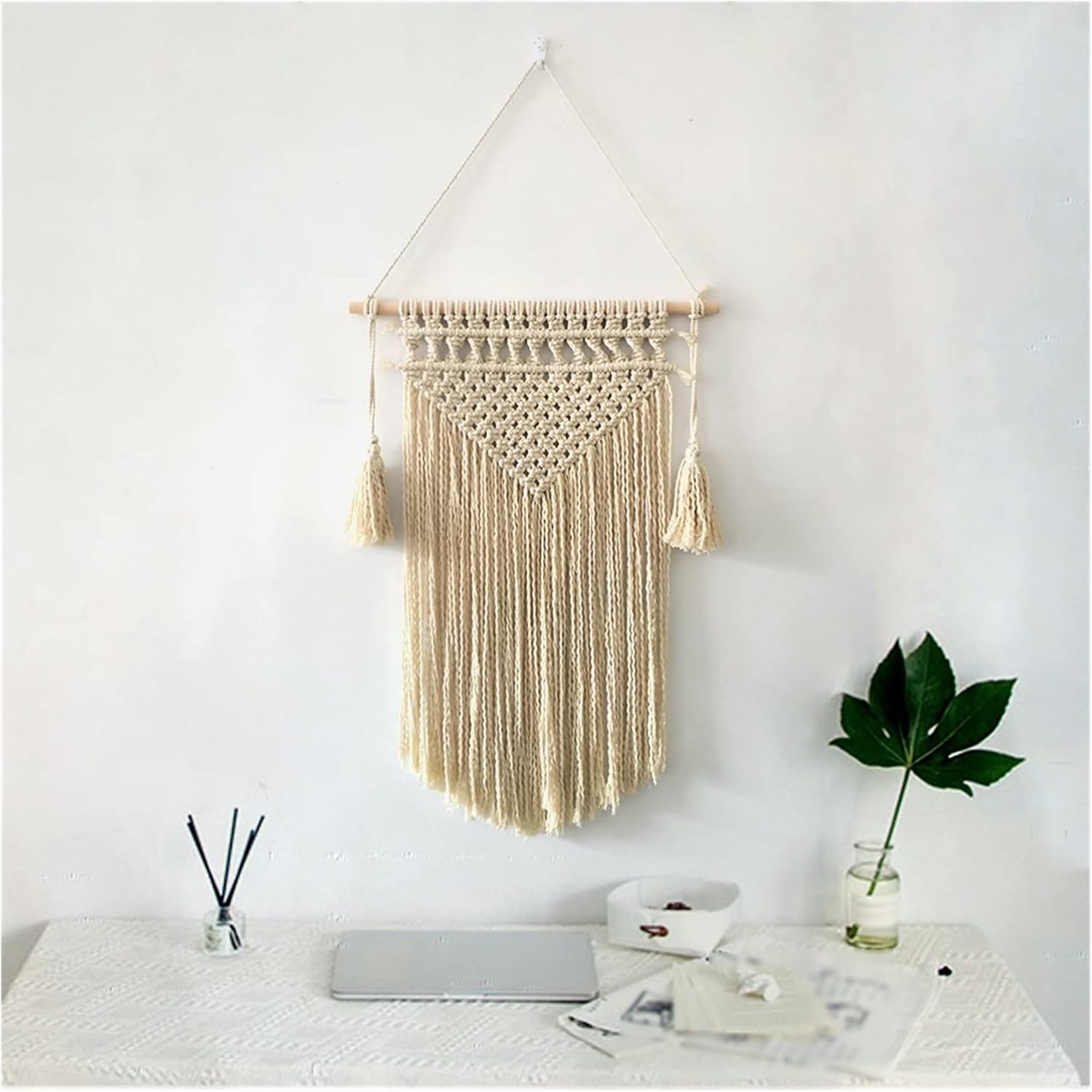 Tapestry Macrame Wall Hanging Tapestry with Tassel Large Woven Bohemian Wedding Backdrop Decor (Beige 60x45cm)