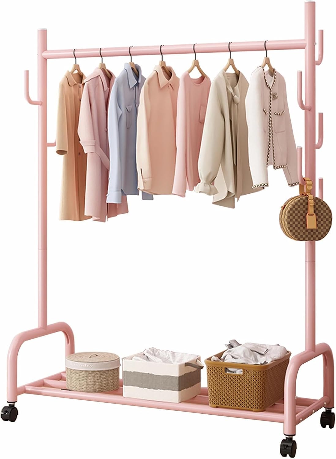 Garment Rack on Wheels, Multi-Functional Bedroom Clothing Rack with Hooks and Bottom Shelf, Metal Clothes Organizer for Hanging Coats, Skirts, Shirts(100x154)
