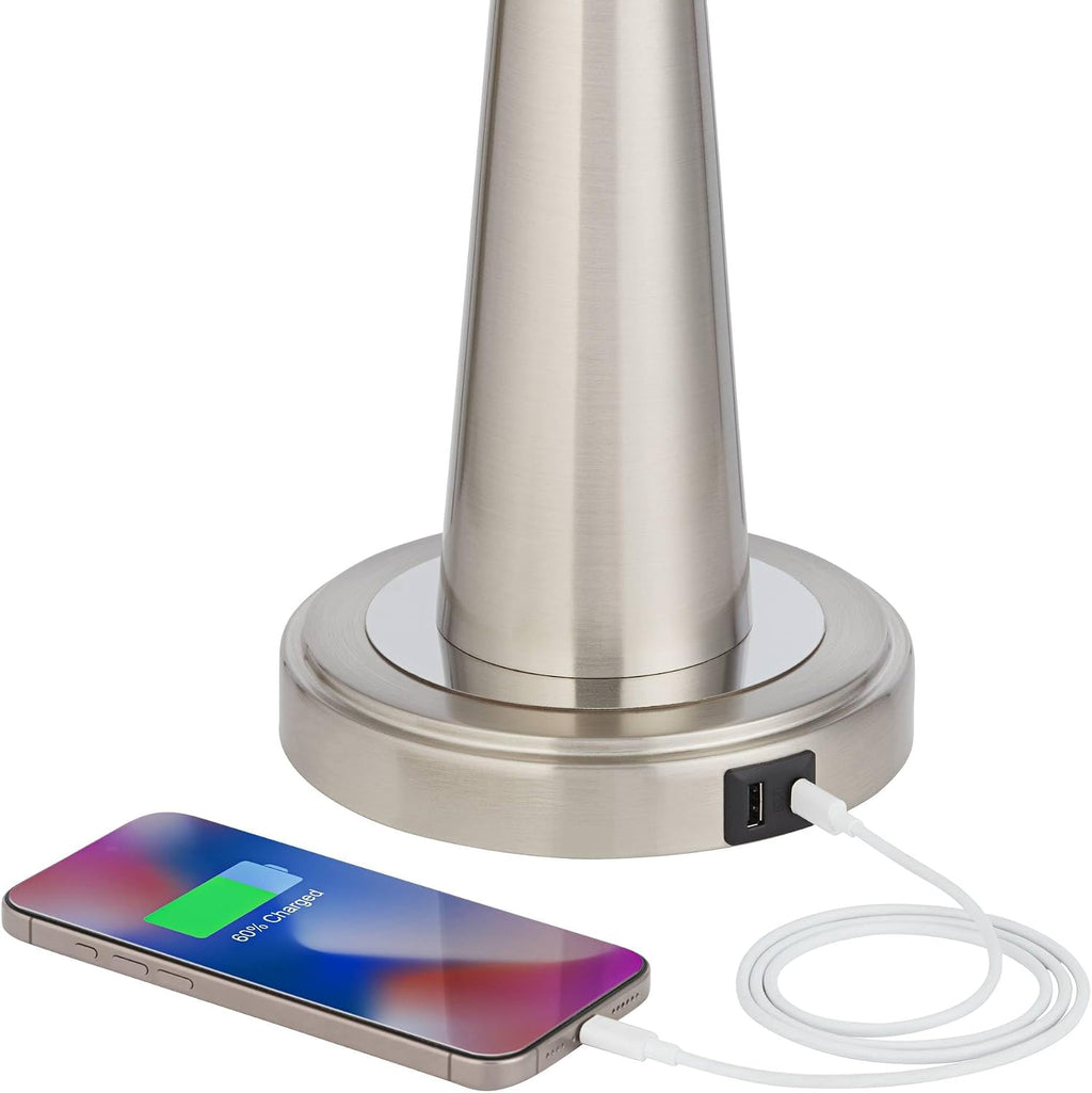 Possini Euro Design Vicki Modern Accent Table Lamps 23' High Set of 2 with USB Charging Port Brushed Nickel Gray Faux Silk Drum Shade for Living Room Desk Bedroom House Bedside Nightstand Home