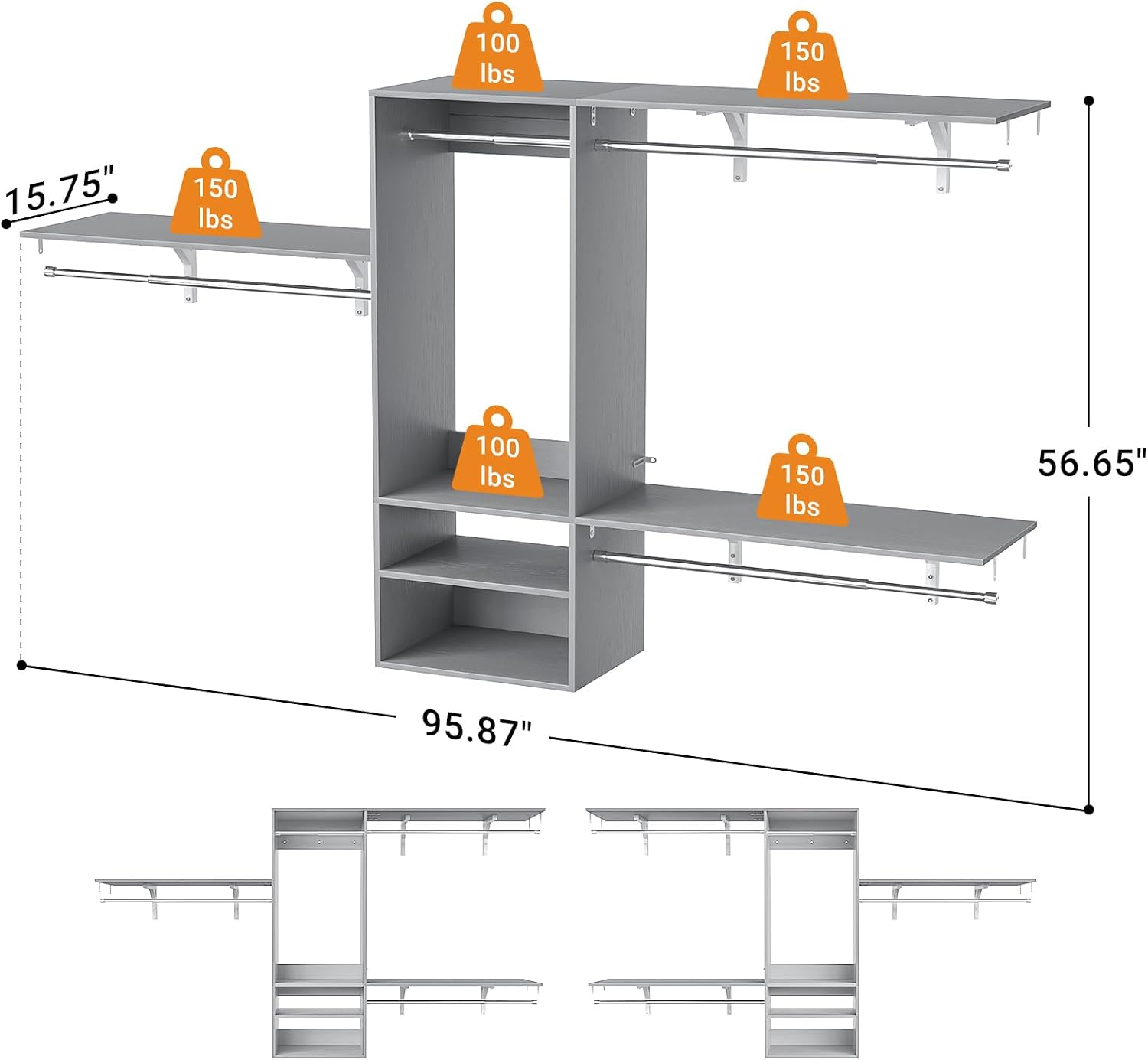 8FT Hanging Closet System, 96 Inch Closet Organizer System with Hanging Rod, Walk In Mounted Closet System, Built-In Clothes Garment Rack with 3 Shelving Towers(Can Be Cut To Fit), Grey