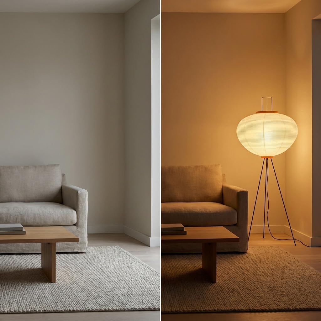 Nogy Noguchi Japanese Rice Paper Floor Lamp • 3000K Akari Standing Light for Living Room Bedroom, Modern Paper Lamp Design, Warm White Ambiance Lighting