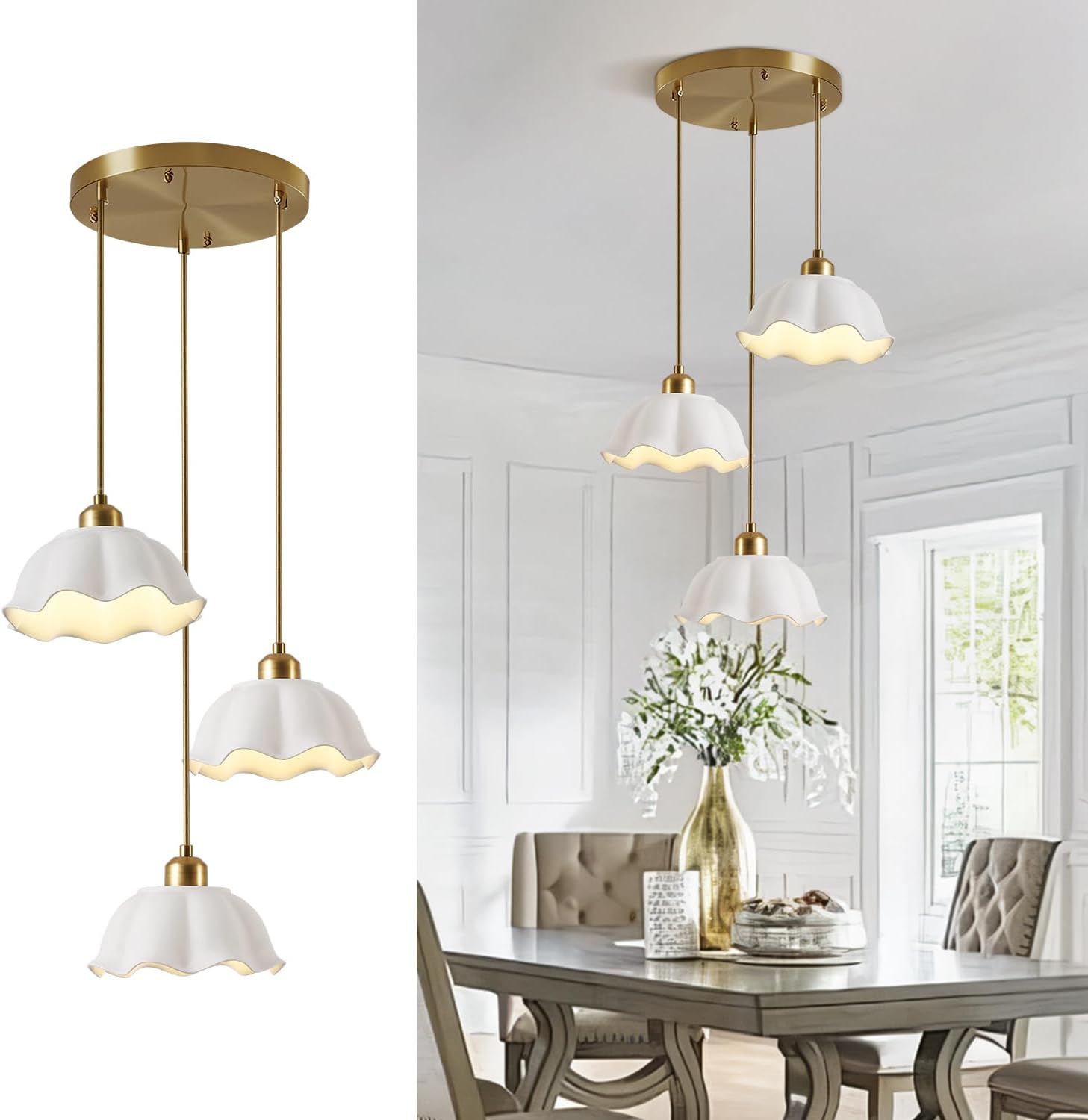 3 Light Pendant Light Minimalist Style Ceiling Hanging Lamp Retro White Wave Ceramic Lampshade Brass Finish Ceiling Light for Kitchen Island Bedroom Bedside