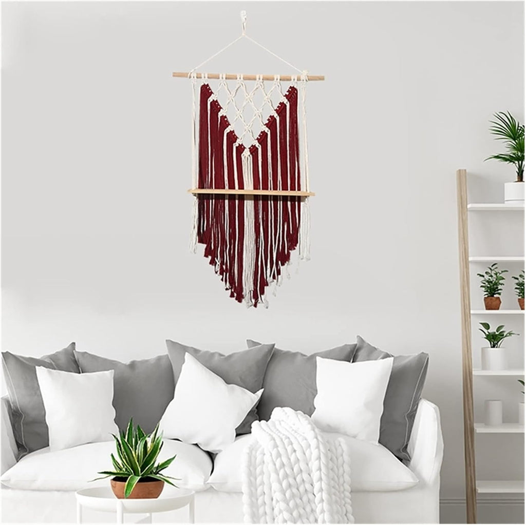 Tapestry Macrame Wall Hanging Shelf Bohemian Tapestry Woven Hanging Wall Decor (Red)
