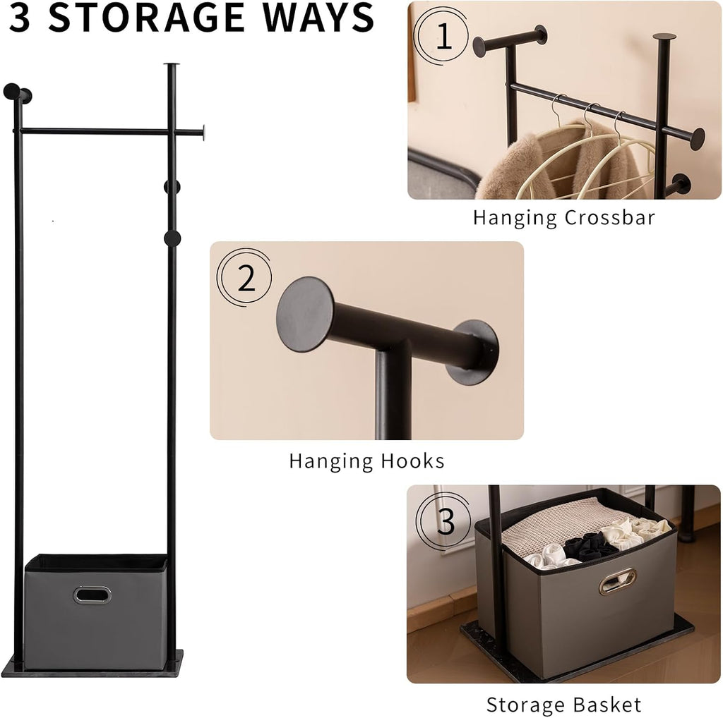 JIAYUEJU Heavy Duty Clothes Rack with Basket & Marble Base, Clothing Rack for Hanging Clothes, Coat Rack Freestanding for Entryway Bedroom Living Room Hotel 13.39' D x 19.69' W x 68.9' H (Black)