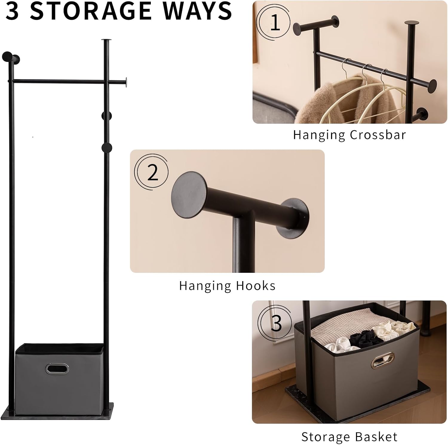 JIAYUEJU Heavy Duty Clothes Rack with Basket & Marble Base, Clothing Rack for Hanging Clothes, Coat Rack Freestanding for Entryway Bedroom Living Room Hotel 13.39' D x 19.69' W x 68.9' H (Black)