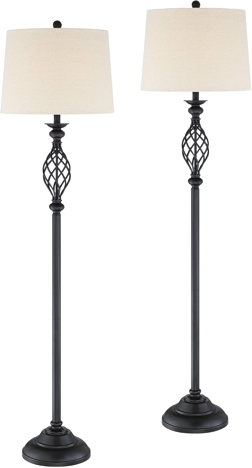 Franklin Iron Works Annie Traditional 63' Tall Standing Floor Lamps Set of 2 Lights Iron Scroll Brown Bronze Finish Living Room Bedroom House Reading Office Home Decor Entryway Cream Drum Shade