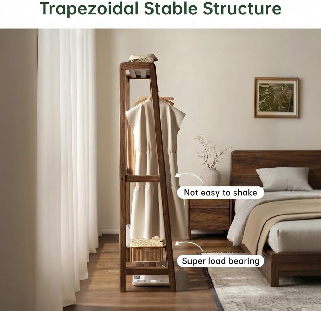 Solid Wood Clothes Rack, Clothing Rack with 2 Shelves Storage, Floor-Standing Coat Rack for Bedroom, Living Room, 16' x 20' x 63',Entryway,Walnut