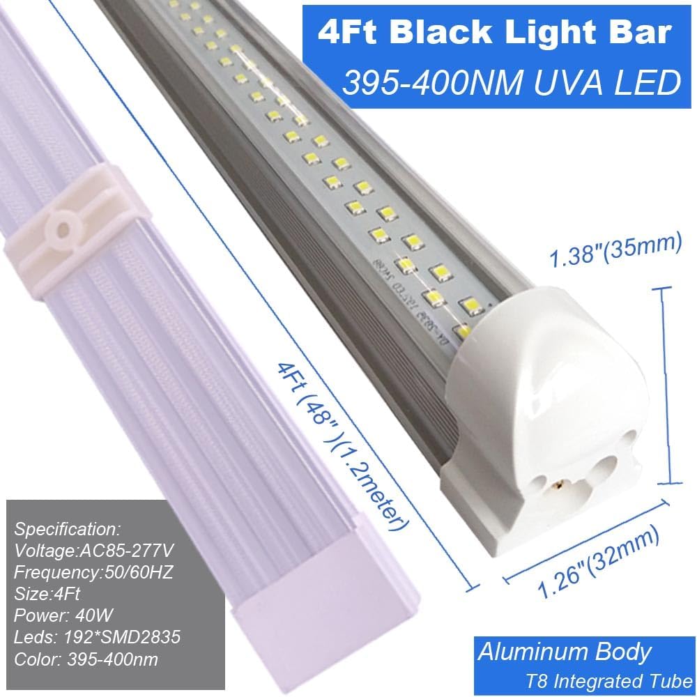 Linkable 4Ft Black Light Bulb 24Pack, LED 40W Integrated T8 Blacklight Bar Fixture, UVA 395NM 400NM for Fluorescent Tapestry Poster Body Paint Glow Party