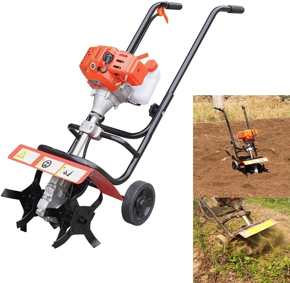Garden Tiller Cultivator, Powerful 52cc Gas Powered Small Rototillers Air-Cooled 2 Stroke Engine Garden Yard Tilling Tool 9.5' Blade