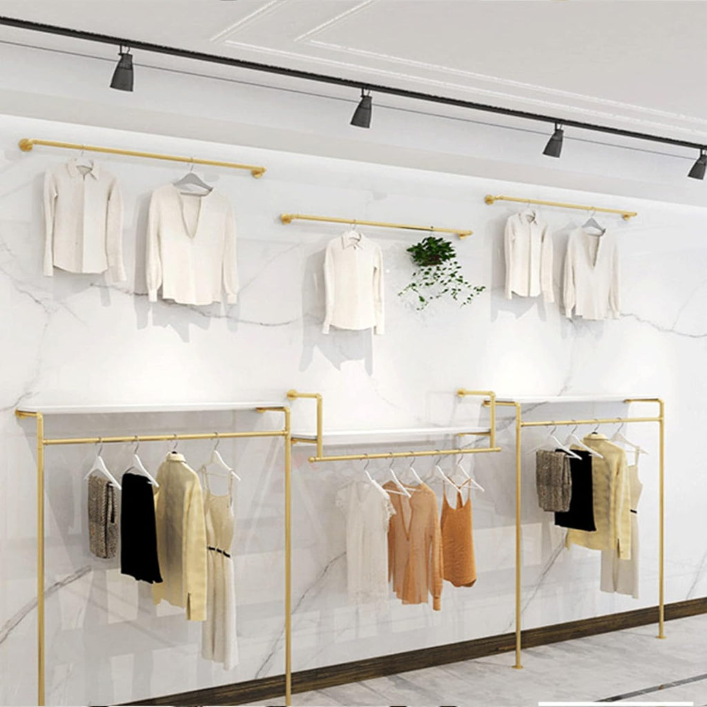 Modern Simple Industrial Pipe and Wood Garment Rack,Wall Mounted Hanging Rods Clothing Rack,Retail Display Storage Clothes Hanging Shelves(Gold, 47.2' L)