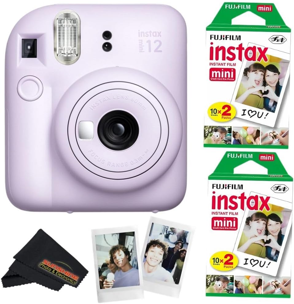 Fujifilm Instax Mini 12 Camera (Lilac Purple) with Fujifilm Instant Mini Film (40 Sheets) Bundle with + Sunshine Photo Microfiber Cleaning Cloth
