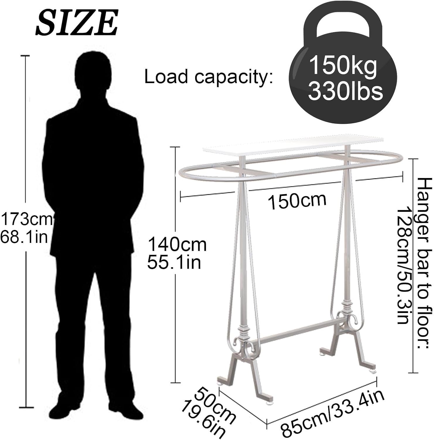Round Clothing Rack, Commercial Floor Standing Clothes Hanging Rack, for Bedrooms Oval Iron Hanging Apparel, Boutiques Display, Laundry Room (White)