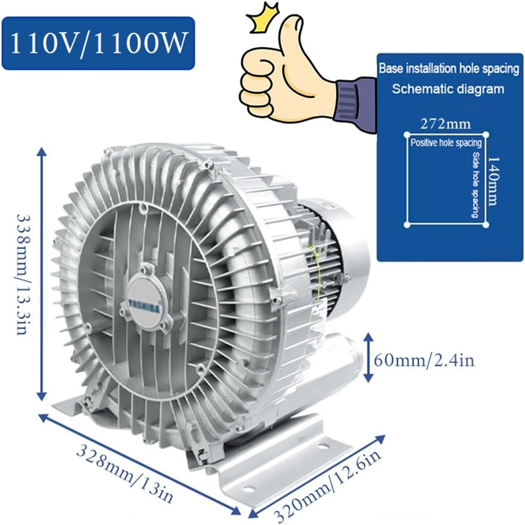 Regenerative Blower High Pressure Vortex Ring Blower 110V 180W 350W 550W 750W Fish Ponds Aeration Oxygenation Machine Industrial Vacuum Pump for Air Blowing Or Suction(1100W)