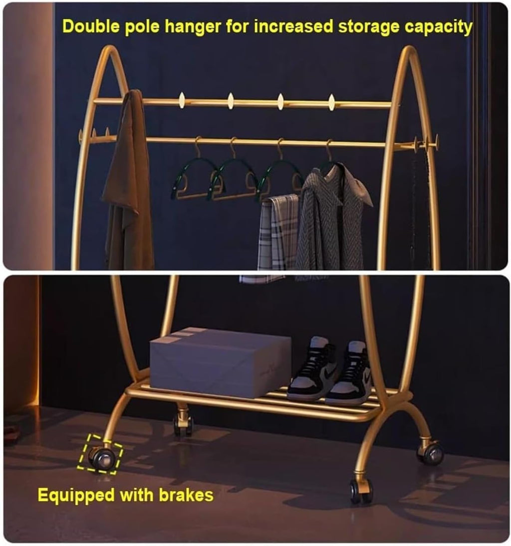 Heavy Duty Clothes Rack with Shelves, 3-in-1 Entryway Coat & Shoe Rack Metal Garment Rack for Hanging Clothes Easy Movement and Organization for Boutique, Retail Or HOM, Gold-a-100X36X170CM