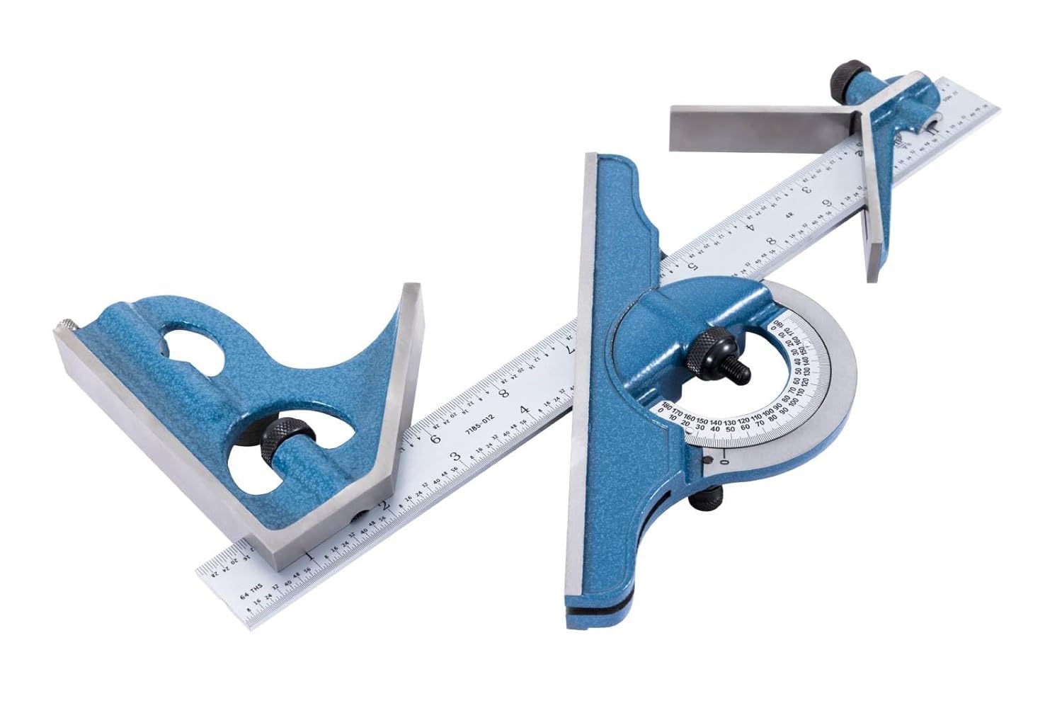 PEC Tools 4-Piece Combination Square - 12 Inch Blade (4R) with Cast Iron Protractor, Center Finder, Square Head with Level Vial & Scribe Tool - Metal Working, Carpentry, Woodworking - Made in USA