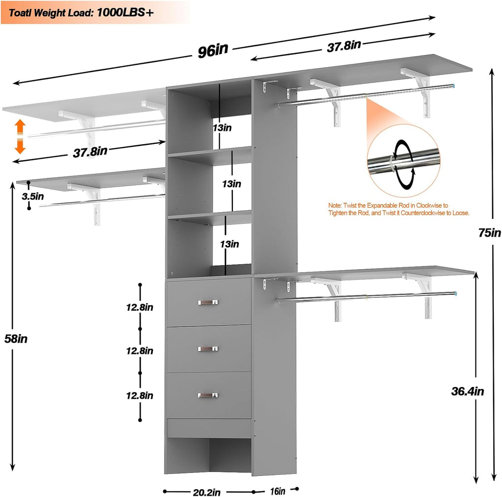 iSunirm 8FT Closet System, 96'' Closet Organizer System with 3 Hanging Rods, Wall Mount Bedroom Wardrobe with 3 Drawers Walk-in Closet, Adjustable Cloth Garment Rack from 5 to 8FT (Cut to Fit), Grey