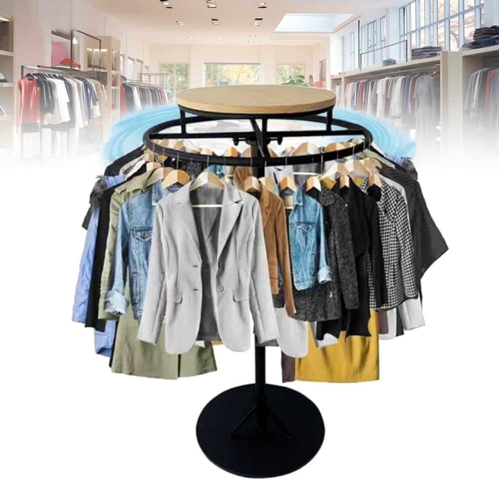 Rotatable Round Clothing Rack, Metal Freestanding Garment Rack with Shelves, Portable Clothing Display Rack, Heavy Duty Clothes Racks for Hanging Clothes