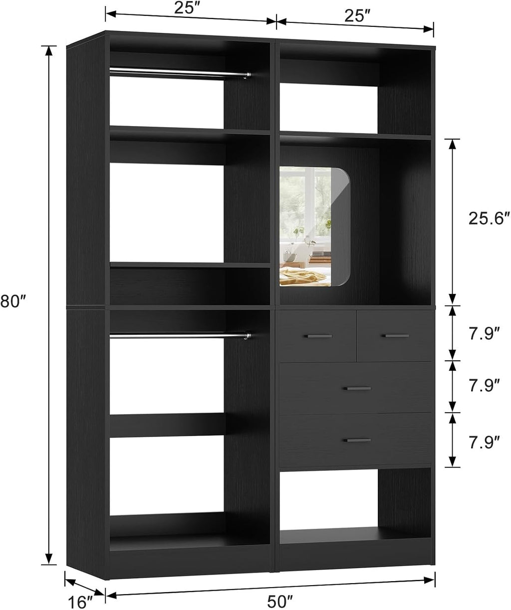 Unikito 50' Closet System with 4 Drawers, 4.2FT Wood Closet Organizer with Hanging Rods and Mirror, Reversible Small Walk in Closet Wardrobe, Adjustable Sturdy Clothes Garment Rack, Set of 2, Black