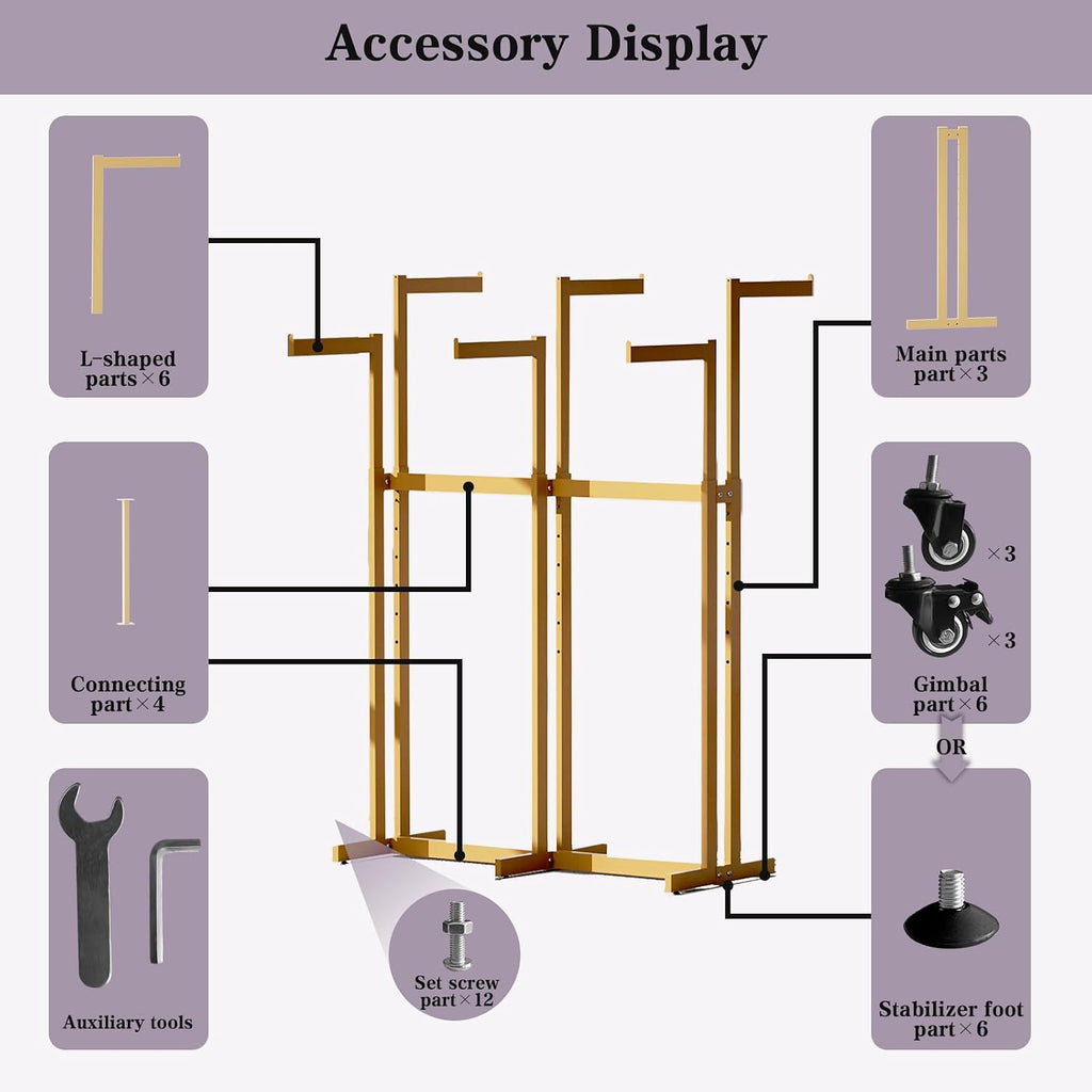 Clothing Racks - Metal Garment Racks for Retail Display Hanging Clothes, Heavy Duty Gold Commercial Clothing Display Rack with Wheels, FreeStanding Sturdy Clothes Organization (6 Arm,Gold)