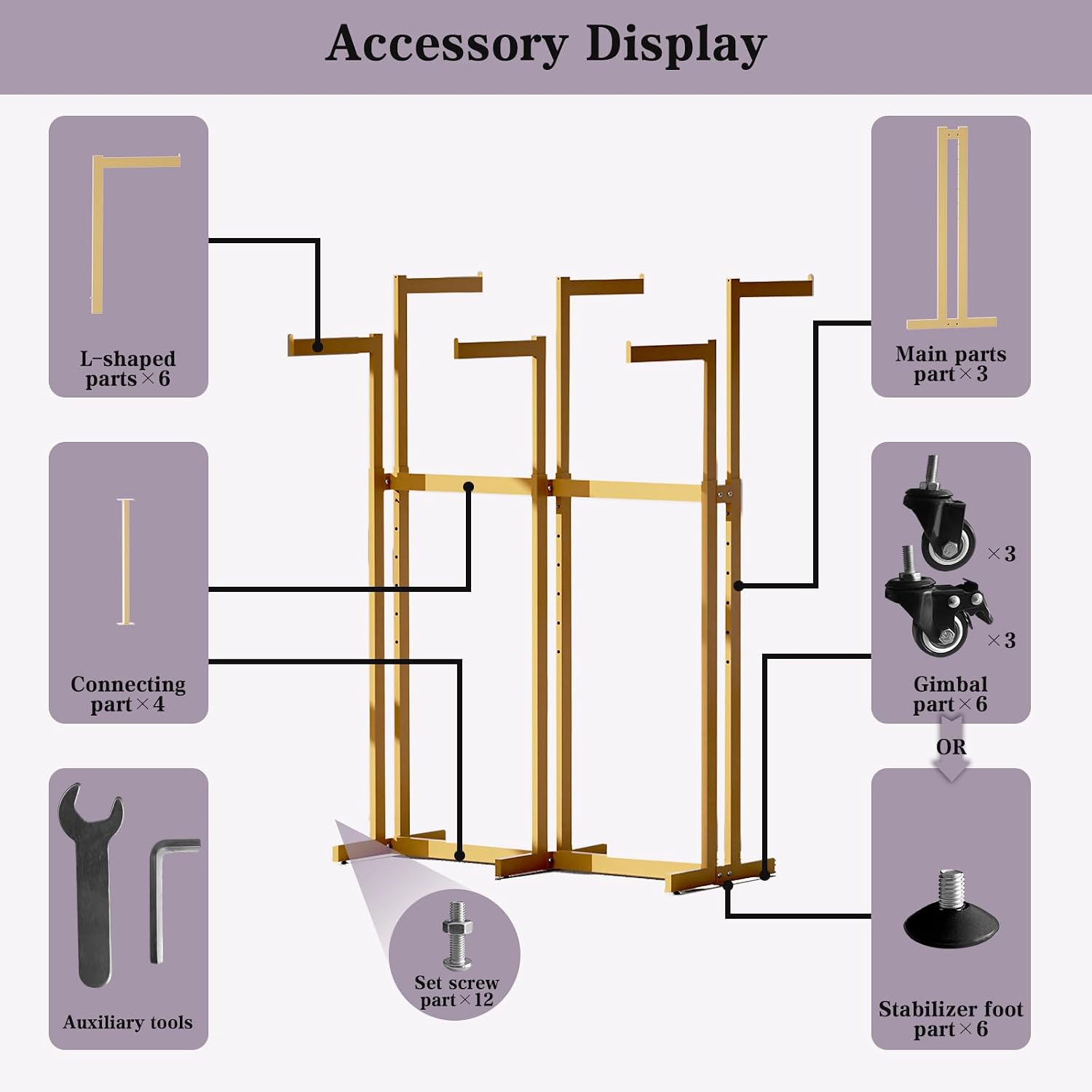 Clothing Racks - Metal Garment Racks for Retail Display Hanging Clothes, Heavy Duty Gold Commercial Clothing Display Rack with Wheels, FreeStanding Sturdy Clothes Organization (6 Arm,Gold)