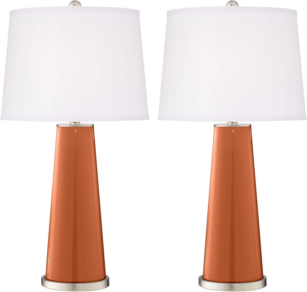 Color + Plus Leo Modern Table Lamps 29 1/2' Tall Set of 2 Robust Orange Glass Tapered Column Plain White Drum Shade Decor for Bedroom Living Room House Home Bedside Nightstand Office Family